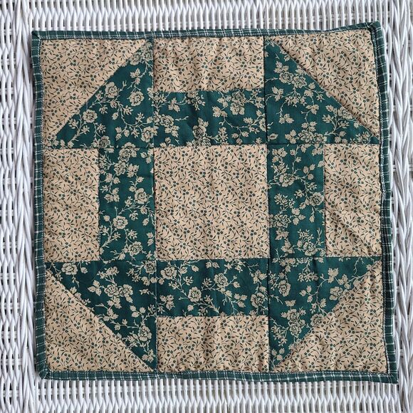 Set of 2 Handmade Patchwork Quilt Squares – Teal & Beige Country Style Designs - Picture 3 of 10